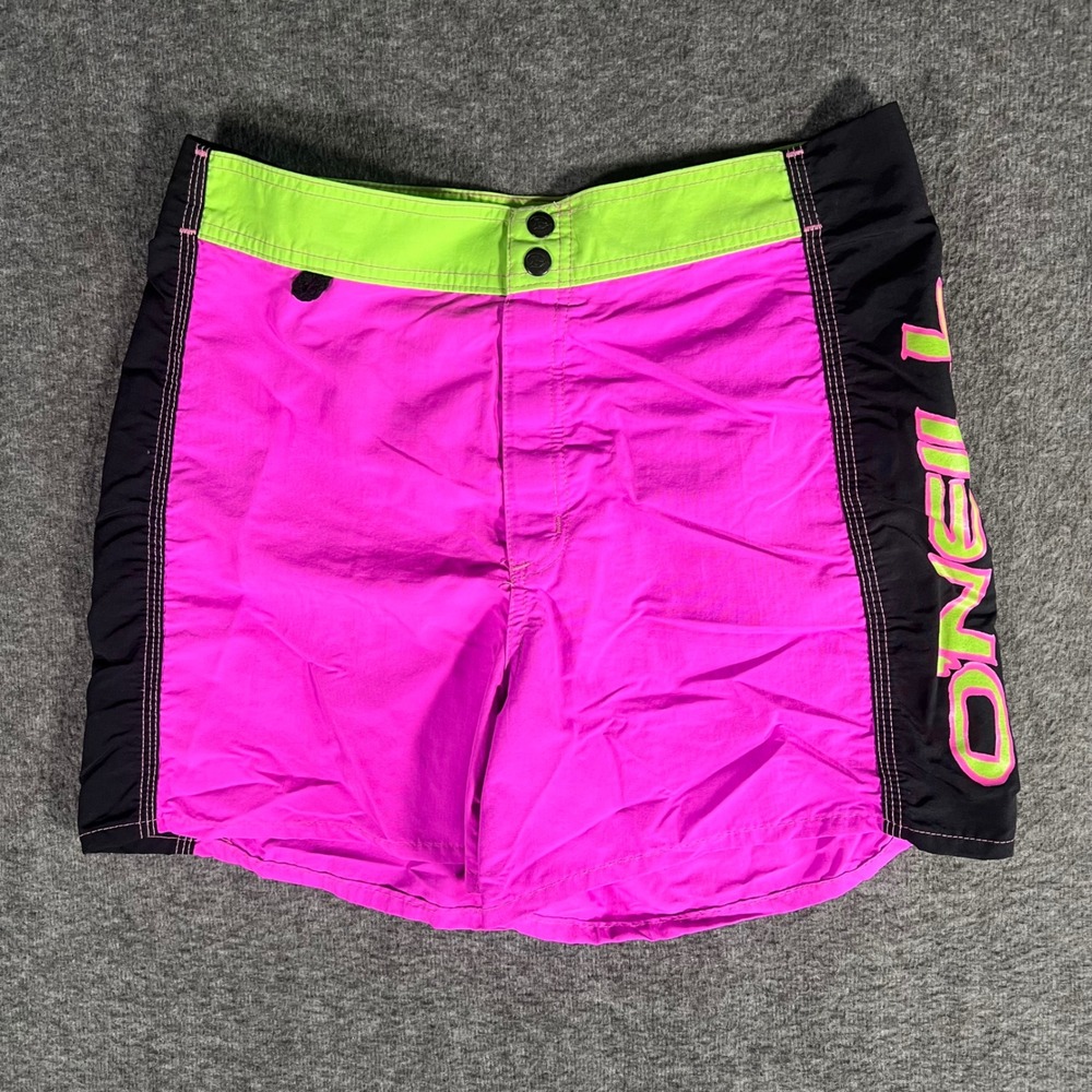 Vintage 80s O'Neill Swim Trunks Board Shorts Neon Pink Green Mens 33 Made in USA
